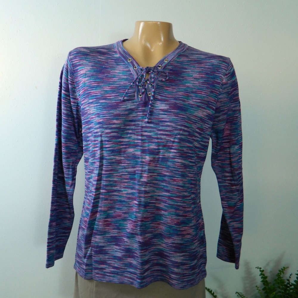 Abito Knit Top Women Small Purple Space Dye Lace Up Grommet Long Sleeve Top Vtg